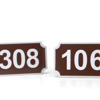 Thin gauge metal sign for hotel room number 308 and 106