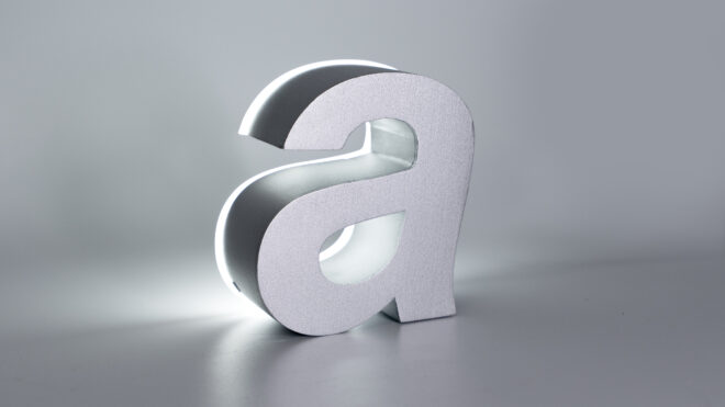 Brushed fabricated aluminum letter “a” standing upright, exemplifying Gemini’s small-size letter offering available down to 3 inches in height with a sleek, durable finish.