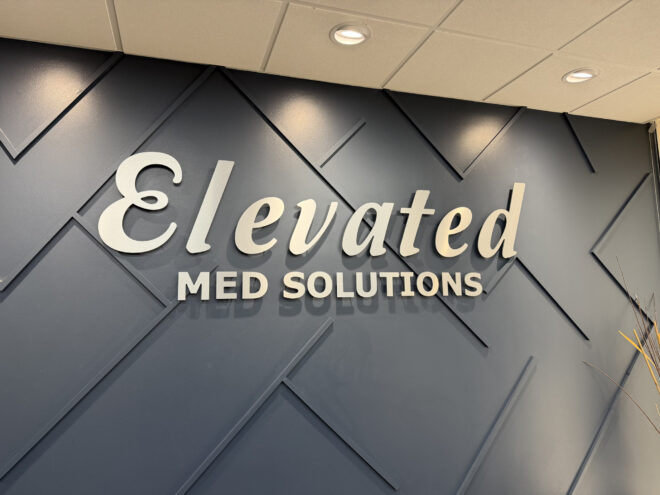 metal-on-acrylic laminate letters in metal silver finish