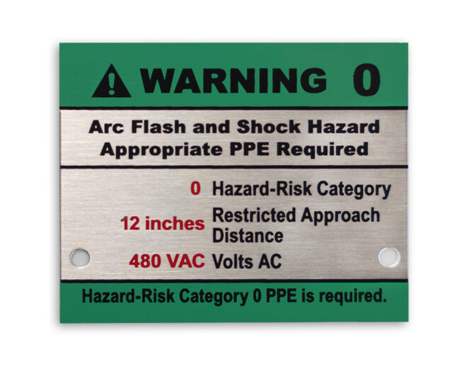 Thin gauge metal warning sign for arc flash and shock hazard, with hazard-risk categories and PPE requirements, in green and black color scheme.