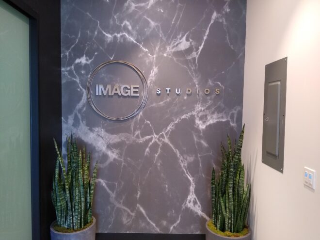 Flat Cut Metal – Interior (Image Studios): Flat cut metal letters and circular emblem for Image Studios mounted on a dark marble wall. Interior signage is positioned between two potted plants in a sleek