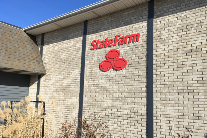 State Farm sign: Custom Painted Red State Farm insurance exterior sign made from flat cut acrylic